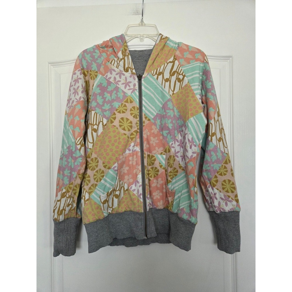 Anthro Allihop Reversible Zip Up Hoodie‎ Patchwork Floral Gray Cotton Sz M